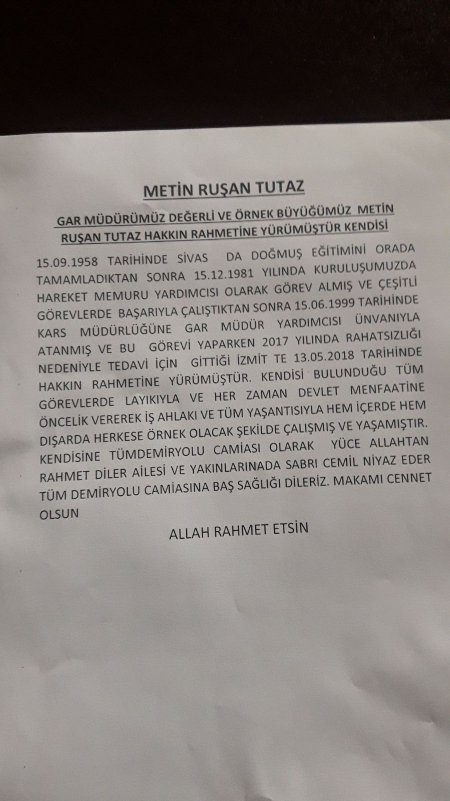 Kars Gar Müdürü Metin Ruşan Tutaz hayatını kaybetti